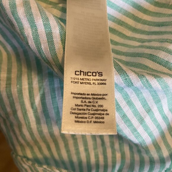 Chicos Aqua & White 100% Linen Stripe Button-Front Blouse Size 2 - Picture 6 of 7